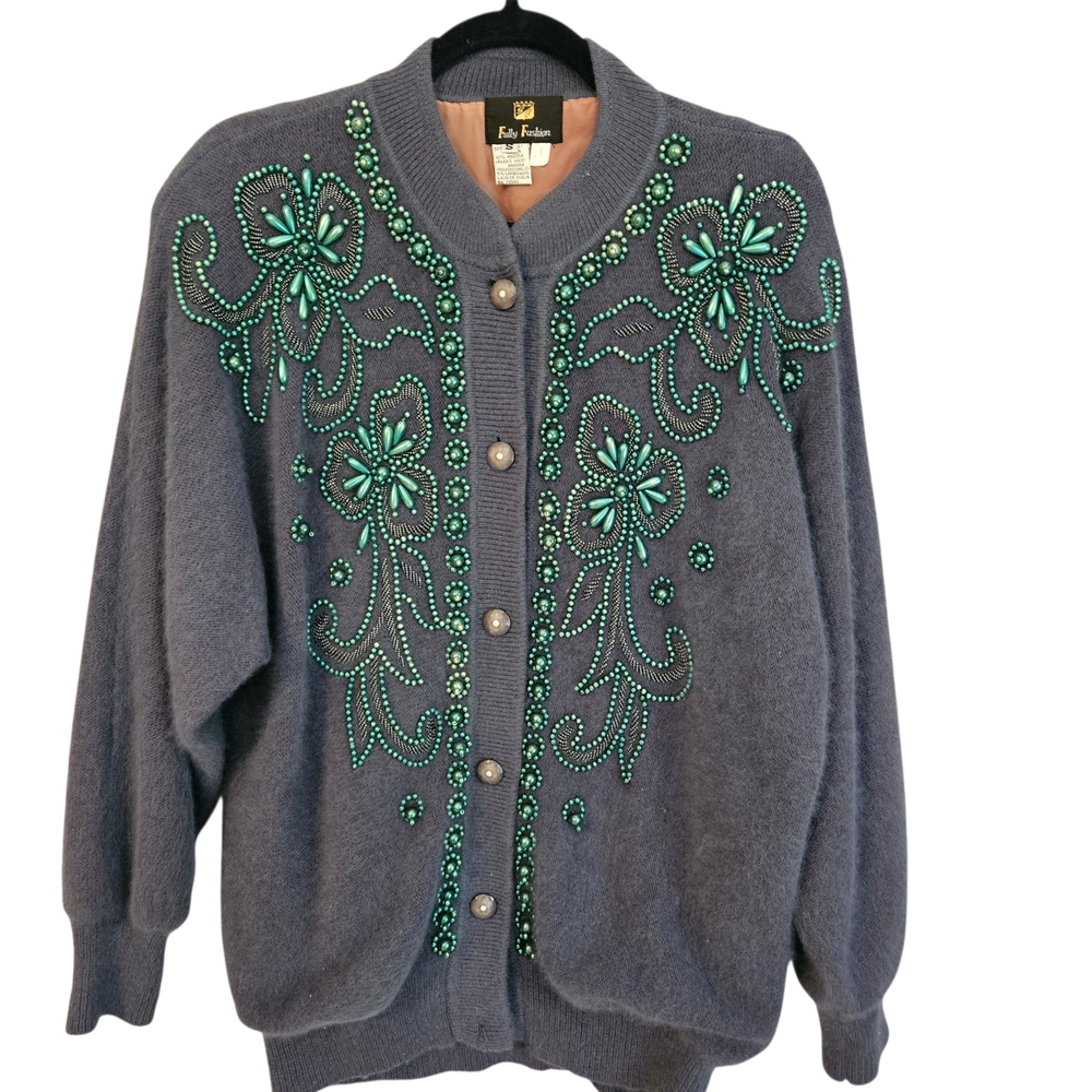 Vintage Angora / Lambs Wool Embellished Blue Gray Cardigan Sweater Beaded, L